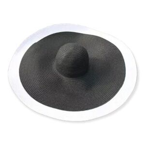 Black Adjustable White Trim Floppy Wide Brim Summer Straw Sun Hat NEW